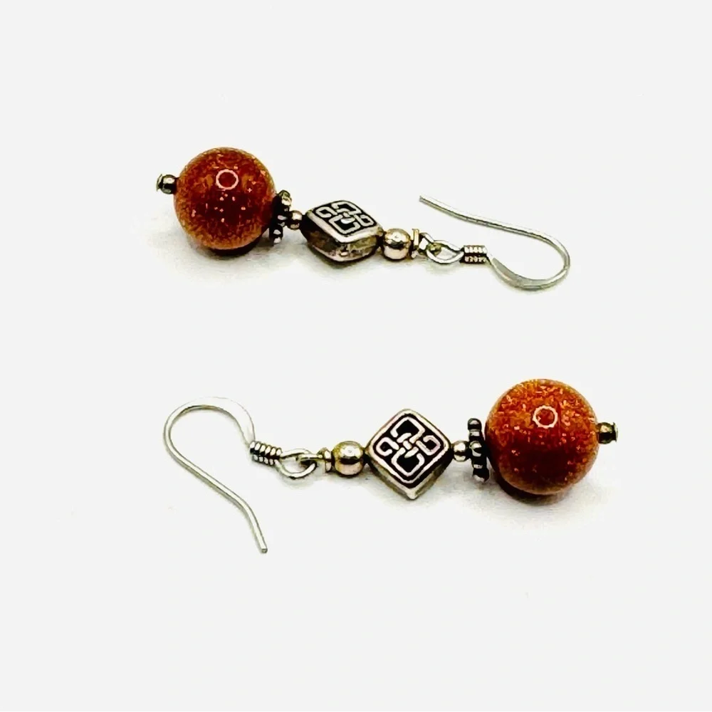 Sunstone Silver Sparkle Dangle Earrings | Celtic Knot Accent Boho Artisan Style